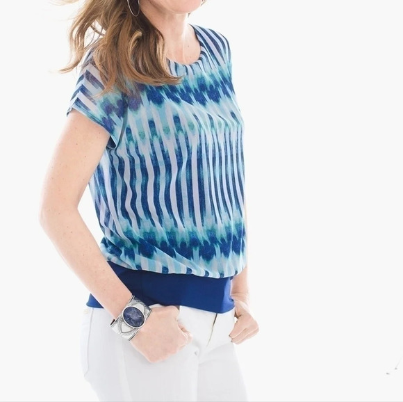 ✨️4/$20. CHICOS Ikat Banded Hem Blouse, Colorful Sheer Sleeve, 0 or S - Picture 2 of 14